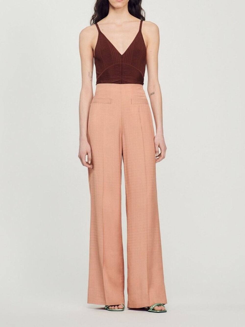 NWT Sandro Enrique Wide Leg Pants In Terre D’ombre FR 38 US 28 High Rise Viscose